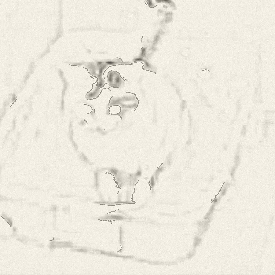 The infrared still of Nigel in his litter box, rendered as a soft pencil drawing.